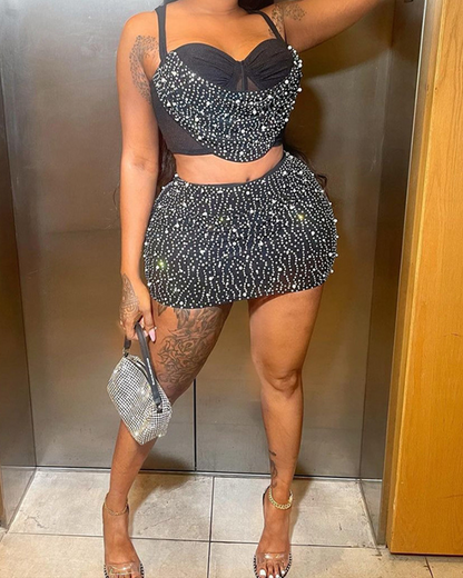 Diamond-Studded Hip Skirt Suit