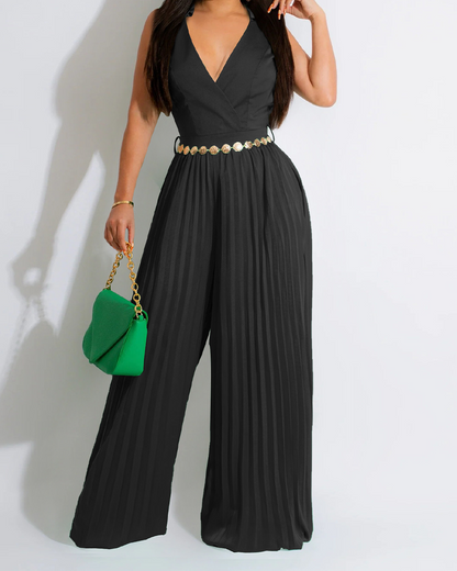 V-Neck Waist Pleated Loose Jumpsuit