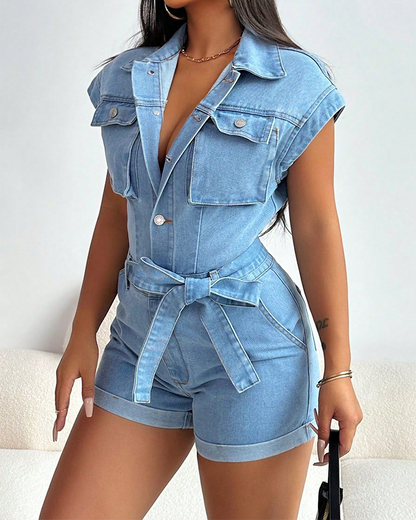 Lapel Pocket Denim Jumpsuit