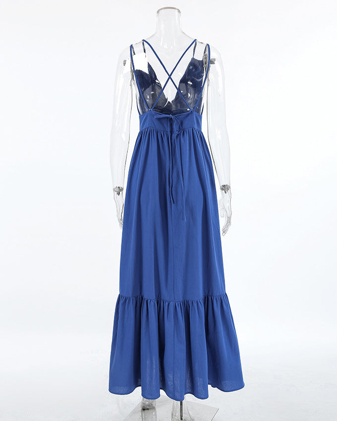 Blue Cotton and Linen V-Neck Halter Back Dress