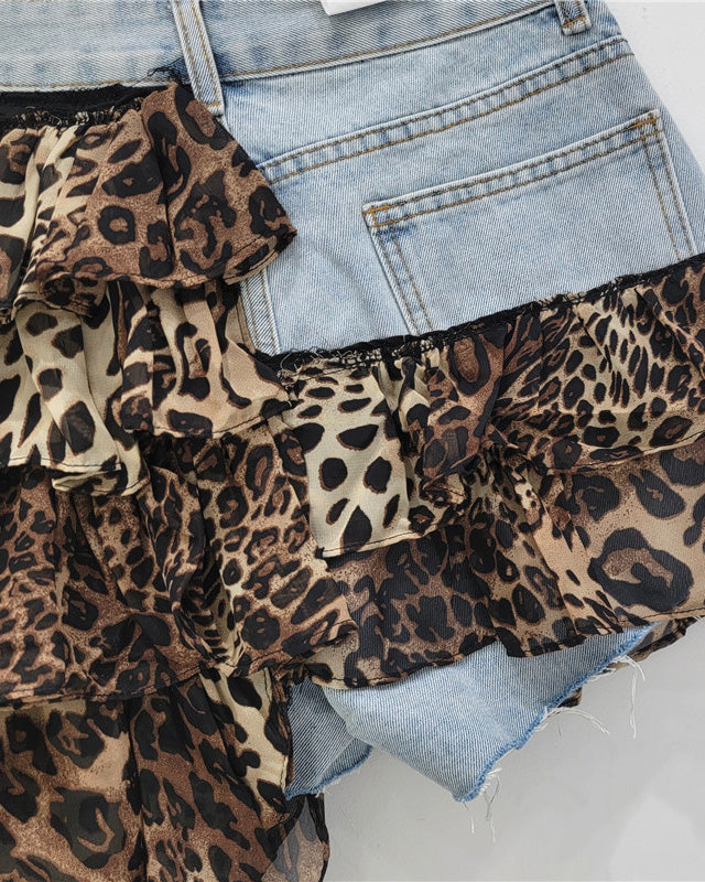 Denim Patchwork Short Irregular Chiffon Cake Skirt
