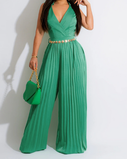 V-Neck Waist Pleated Loose Jumpsuit
