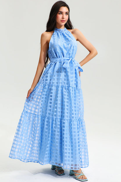 Vestido largo con cuello halter y cordones 