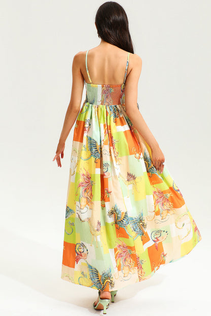 Vestido largo de cintura alta con estampado animal y bloques de color 