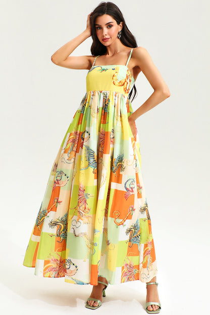 Vestido largo de cintura alta con estampado animal y bloques de color 