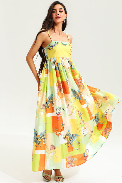 Vestido largo de cintura alta con estampado animal y bloques de color 