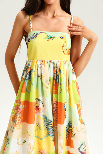 Vestido largo de cintura alta con estampado animal y bloques de color 