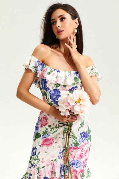 Vestido largo de cola de pez con dobladillo con volantes y estampado floral 