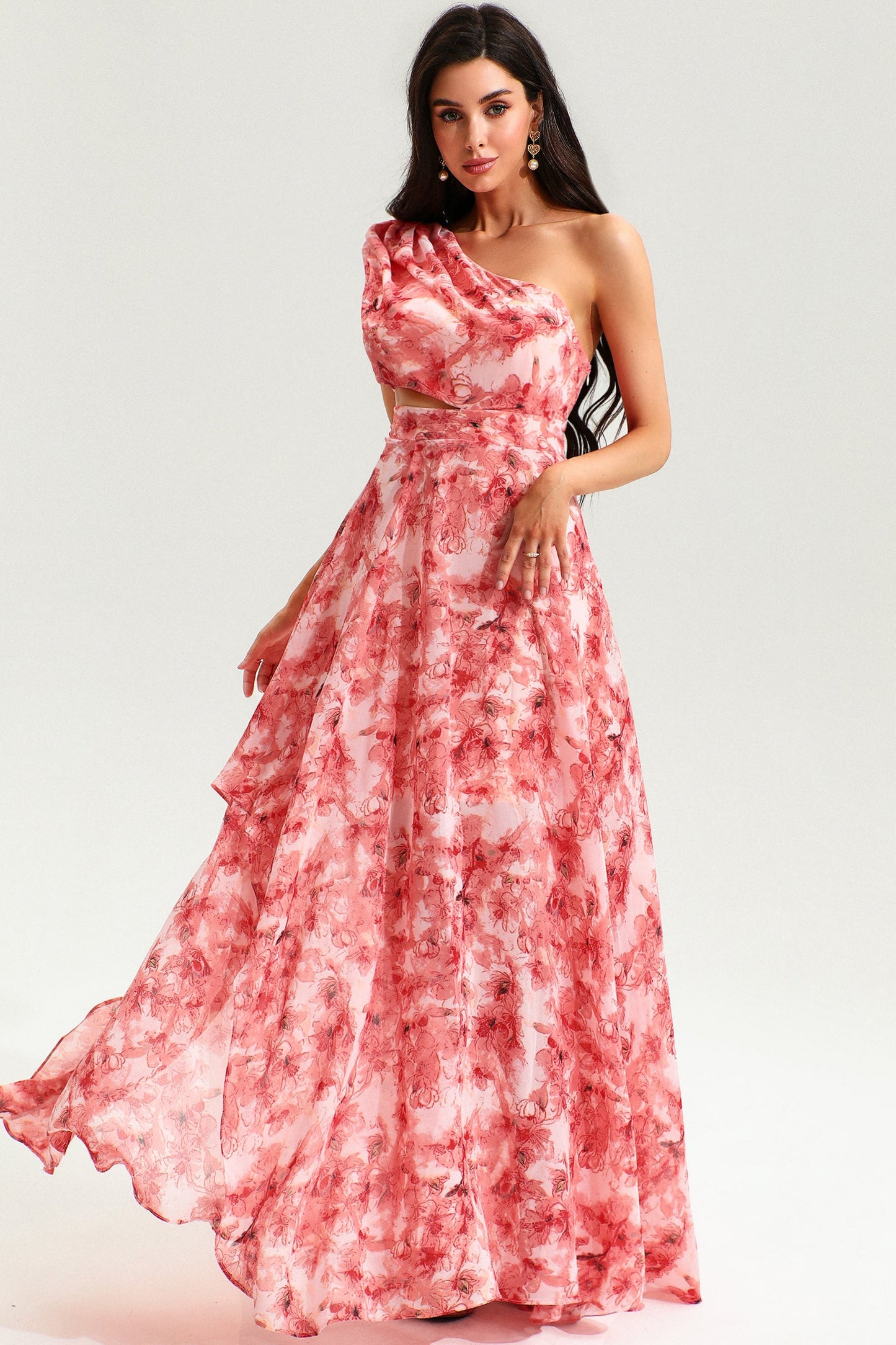 Vestido largo floral con abertura en un hombro 