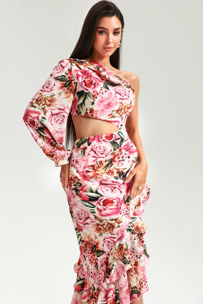 Vestido largo irregular con volantes, mangas largas y hombros inclinados y estampado floral 