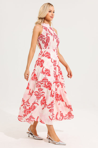 Vestido largo sin mangas con cuello alto y estampado paisley 