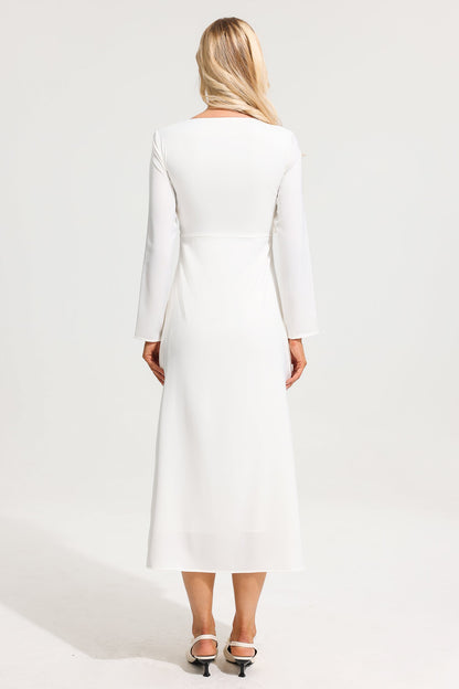 Vestido largo de satén con escote en V y manga larga 