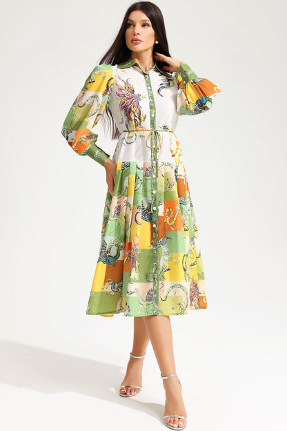 Vestido midi con cordones y manga larga con estampado animal 