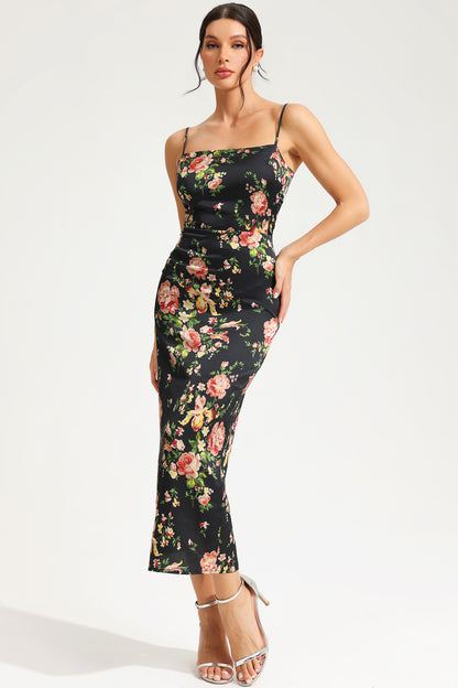 Vestido midi de tirantes finos con abertura y encaje floral 