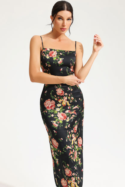 Vestido midi de tirantes finos con abertura y encaje floral 