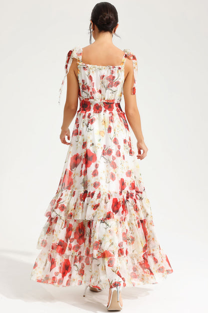 Vestido midi elástico fruncido con cuello cuadrado y tirantes finos con estampado floral 