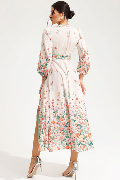 Vestido midi floral de manga larga con cuello en V y cordones 