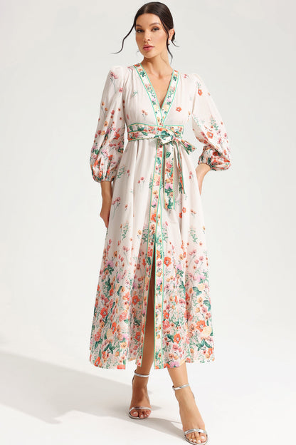 Vestido midi floral de manga larga con cuello en V y cordones 