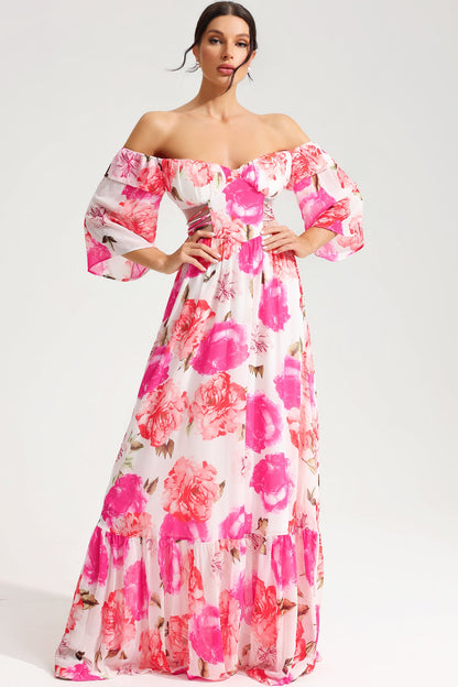 Vestido largo con encaje y aberturas en los hombros con estampado floral 