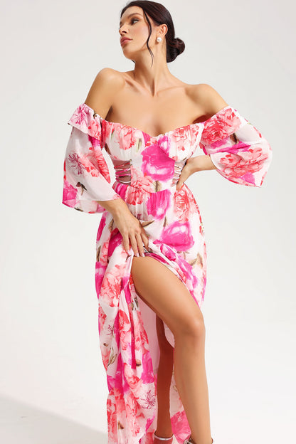 Vestido largo con encaje y aberturas en los hombros con estampado floral 