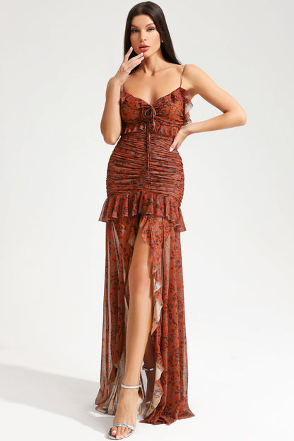 Vestido largo camisola sin espalda con dobladillo con volantes escalonados 