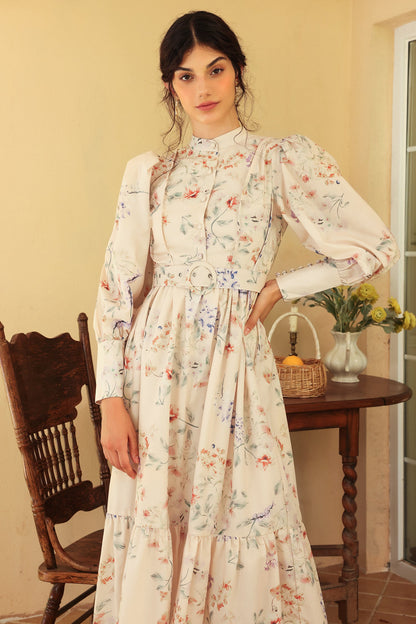 Vestido midi floral de manga larga con cuello redondo y cinturón 