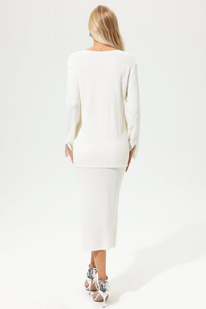 Conjunto de dos piezas de vestido ajustado con cuello en V y manga larga, blanco 