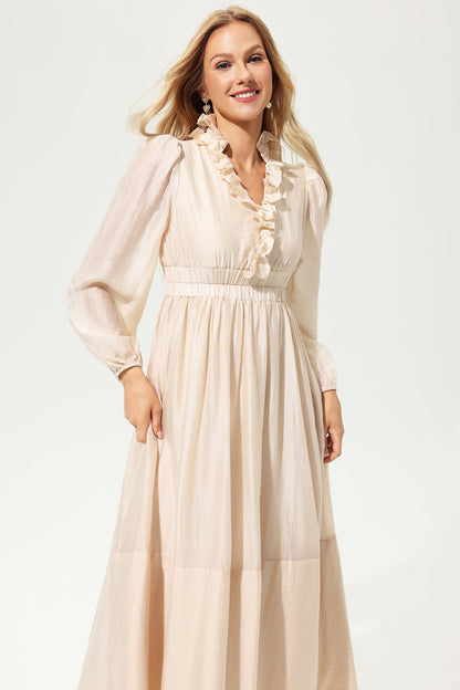 Vestido midi con volantes, cuello alto y mangas farol 