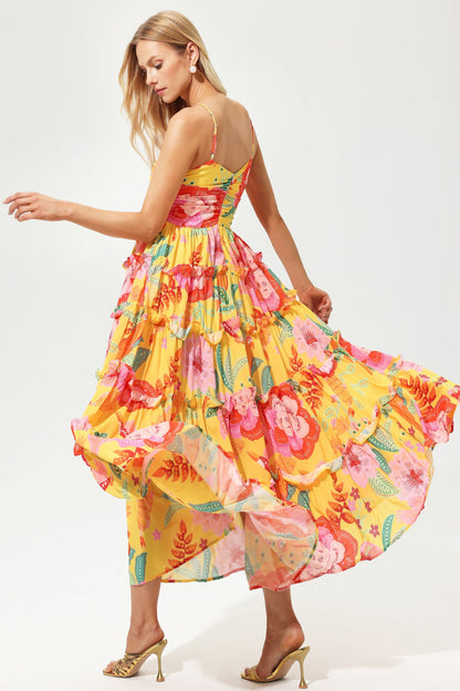 Vestido largo de tirantes con dobladillo con volantes florales 