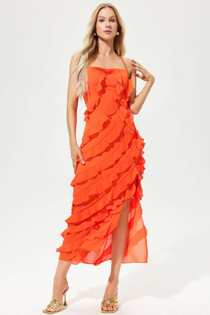 Vestido largo de tirantes con volantes en naranja 