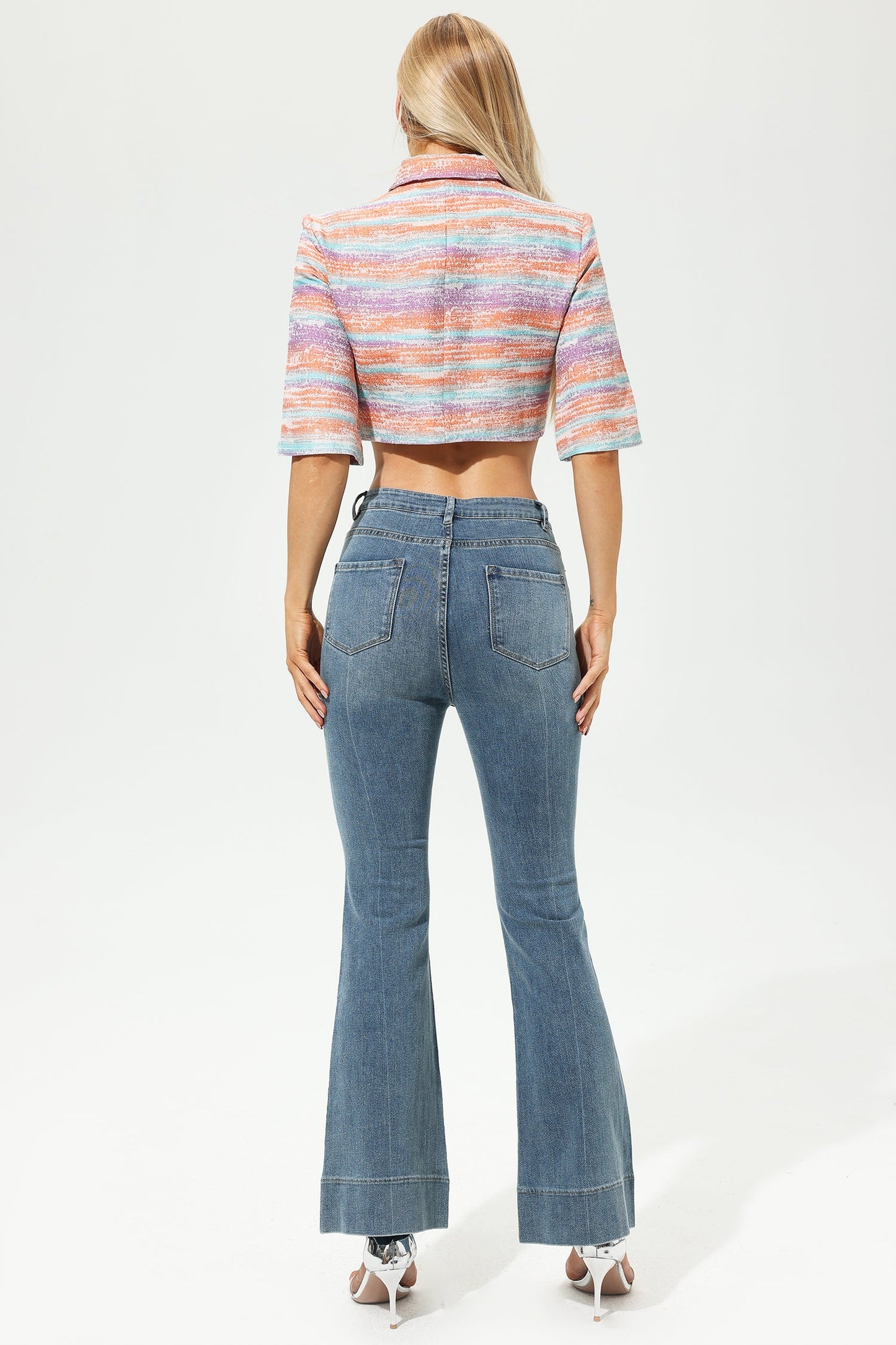 Chaqueta de tweed con cuello camisero y manga media, color rosa 