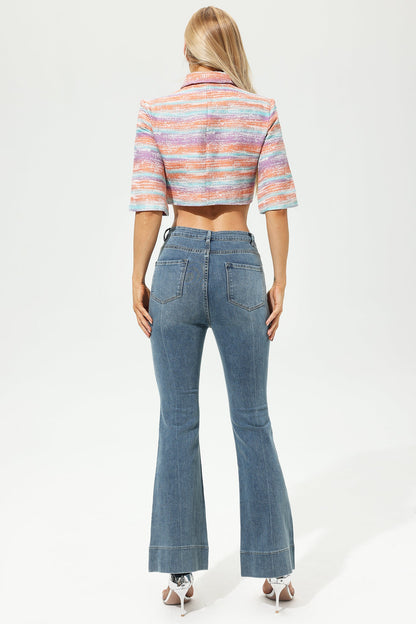 Chaqueta de tweed con cuello camisero y manga media, color rosa 