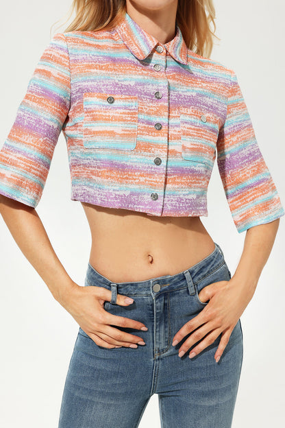 Chaqueta de tweed con cuello camisero y manga media, color rosa 