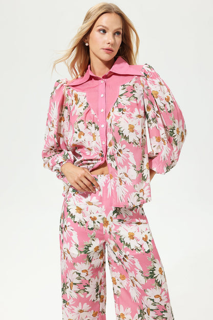 Conjunto de pantalones anchos con solapa y mangas abullonadas florales 