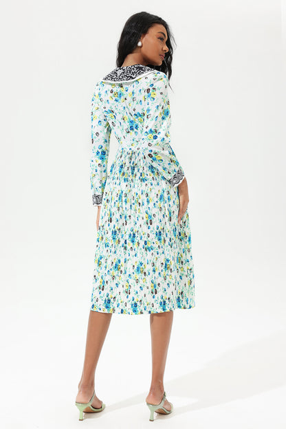 Vestido midi de encaje con cuello de muñeca y mangas de farol con flores 