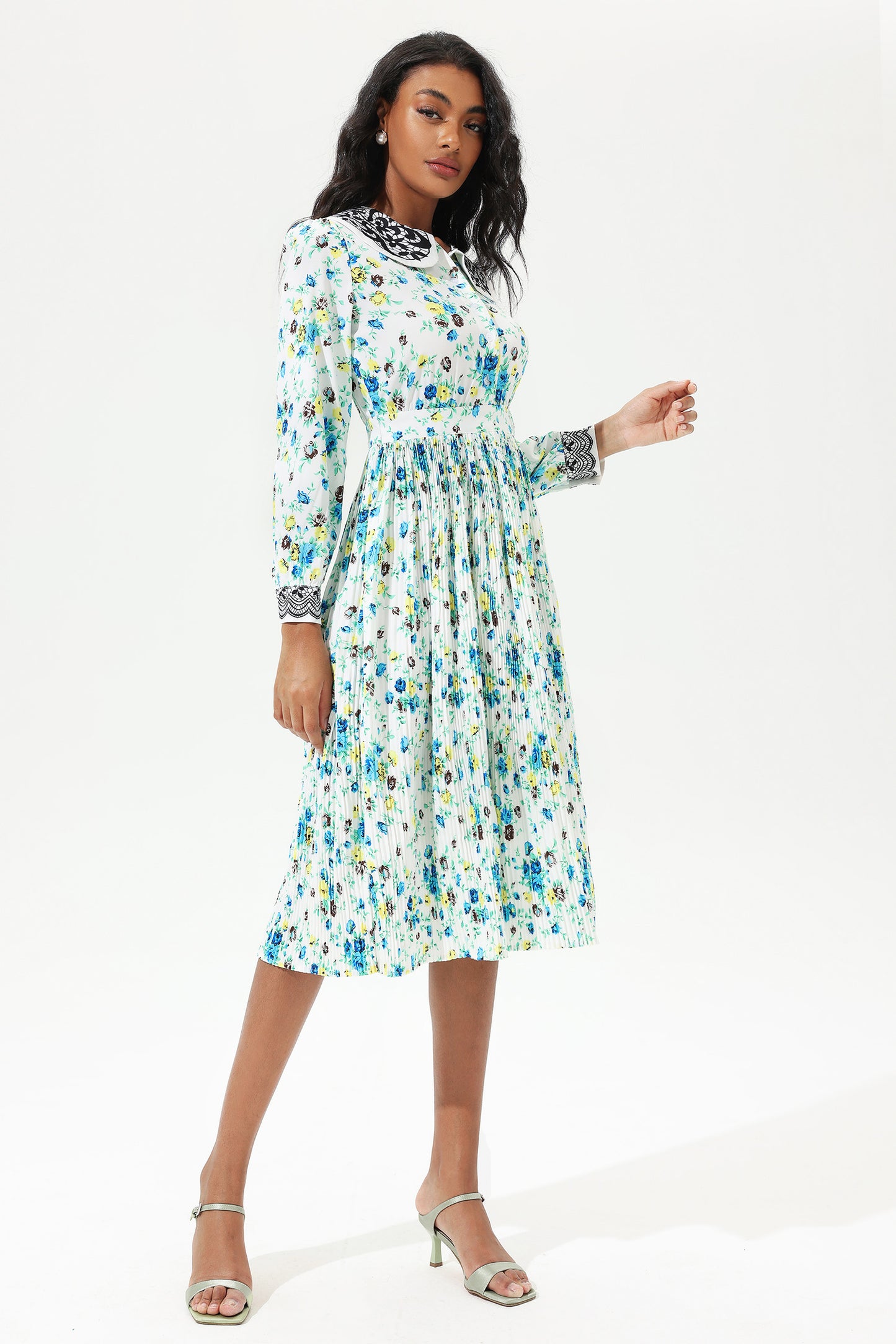 Vestido midi de encaje con cuello de muñeca y mangas de farol con flores 