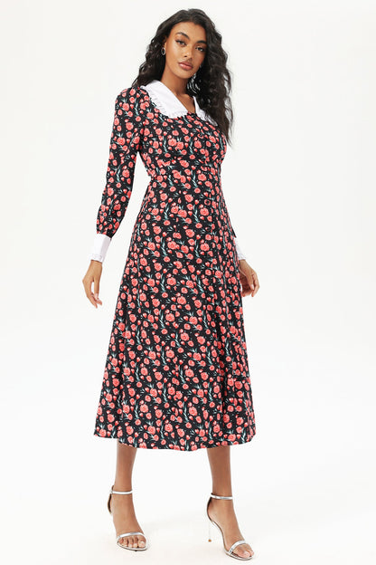 Vestido midi negro con botones y cuello de muñeca y mangas largas con estampado floral 