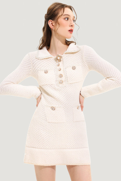 Vestido corto de punto con lentejuelas y perlas, manga larga, solapa y blanco 