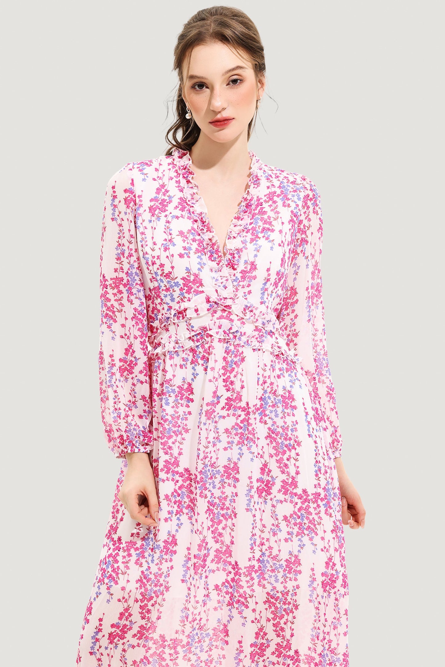 Vestido midi floral de manga larga con escote en V en rosa 