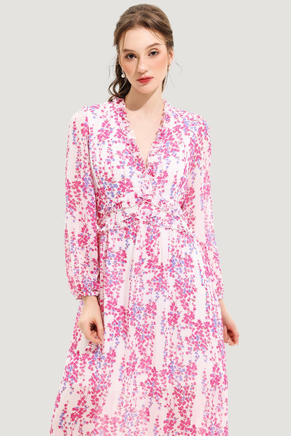 Vestido midi floral de manga larga con escote en V en rosa 