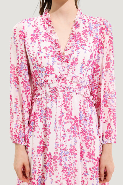 Vestido midi floral de manga larga con escote en V en rosa 