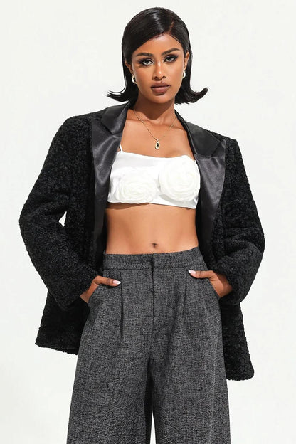 Blazer maxi negro de manga larga de terciopelo 