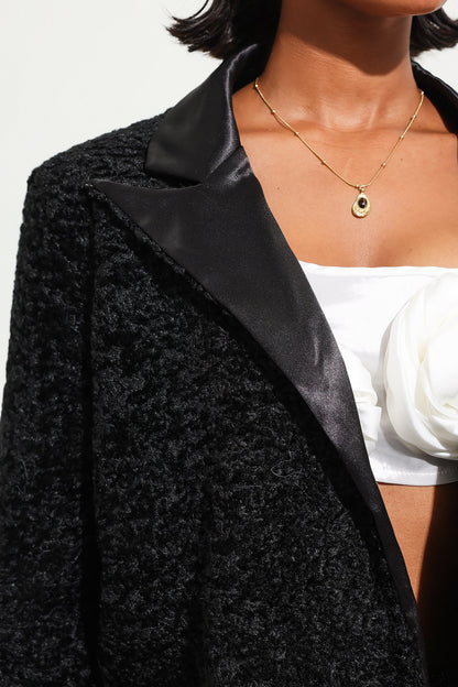 Blazer maxi negro de manga larga de terciopelo 