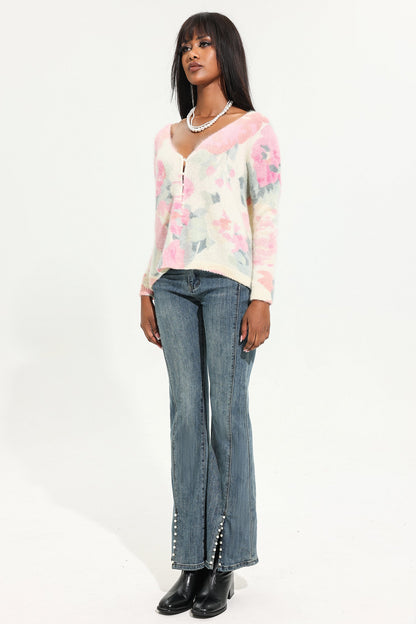 Cárdigan floral de punto con cuello en V 