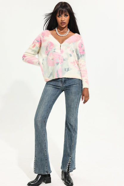 Cárdigan floral de punto con cuello en V 