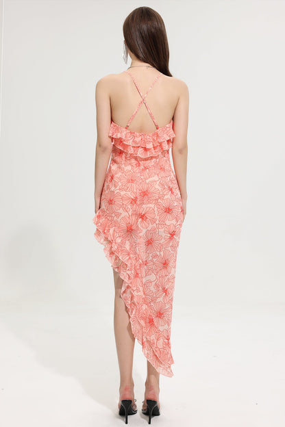 Vestido largo de gasa con cuello cruzado y volantes Cecily 