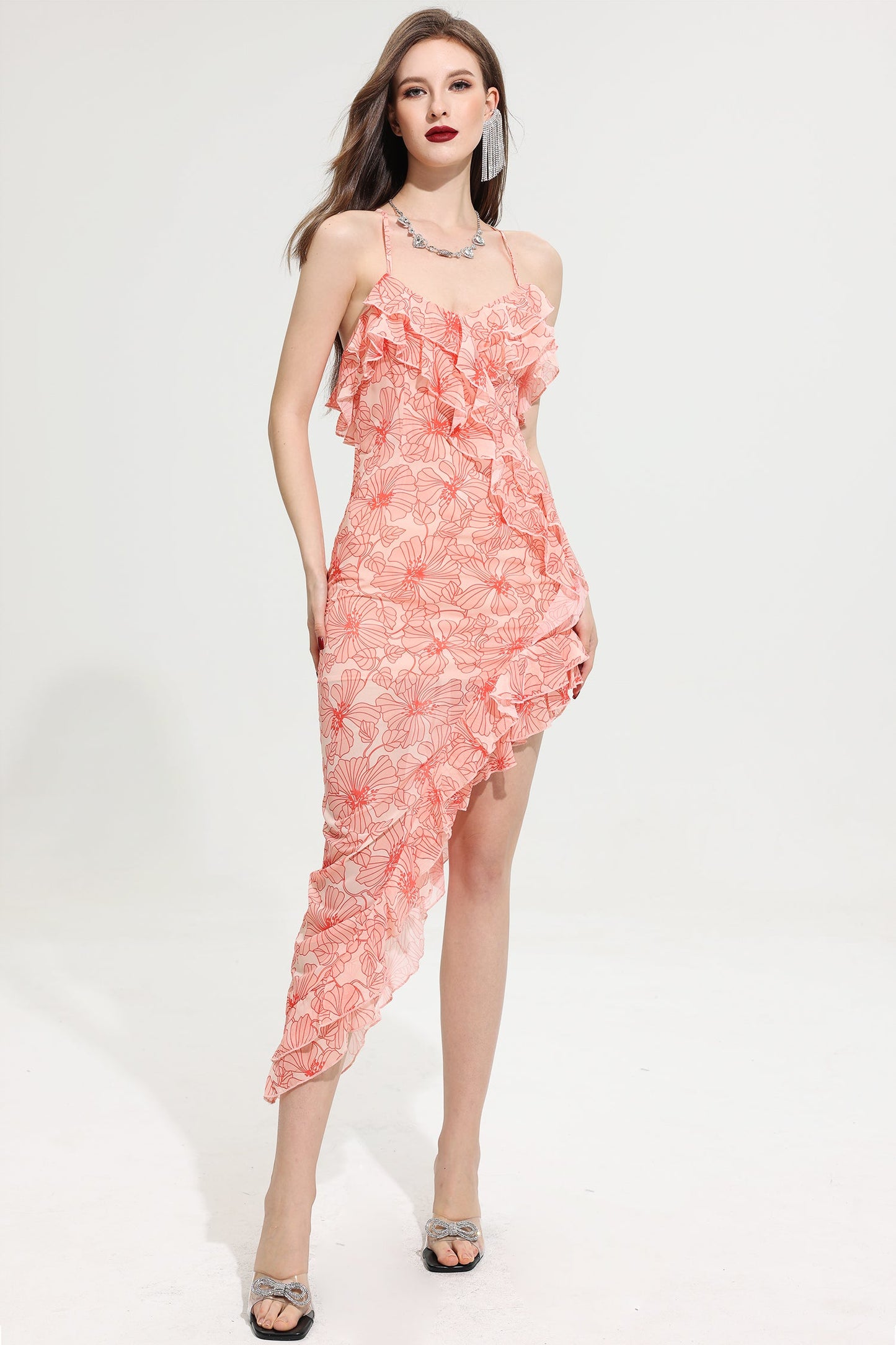 Vestido largo de gasa con cuello cruzado y volantes Cecily 