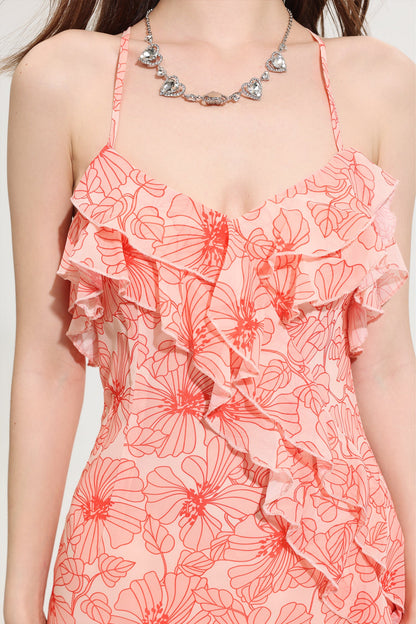 Vestido largo de gasa con cuello cruzado y volantes Cecily 