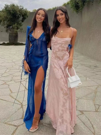 Vestidos de verano 2025 nuevos para mujer, con tirantes finos, encaje, corte bajo, sexys, largos, para playa, vacaciones, moda