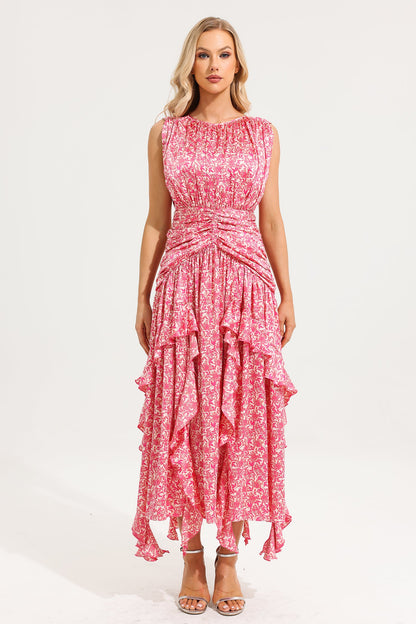 Vestido largo con volantes florales y cuello redondo 